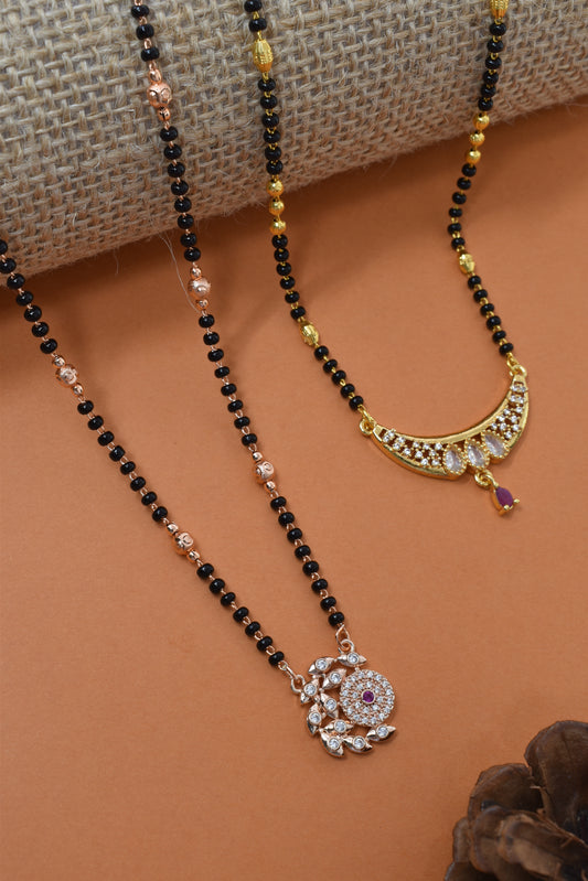 Meira Jewellery Traditional Black Bead Combo Mangalsutra Necklace for Women, Gold & Rose Gold Plated CZ Stone Stylish Mangalsutra Pendant Chain for Daily & Festive Ethnic Set of 2 Tanmaniya-02