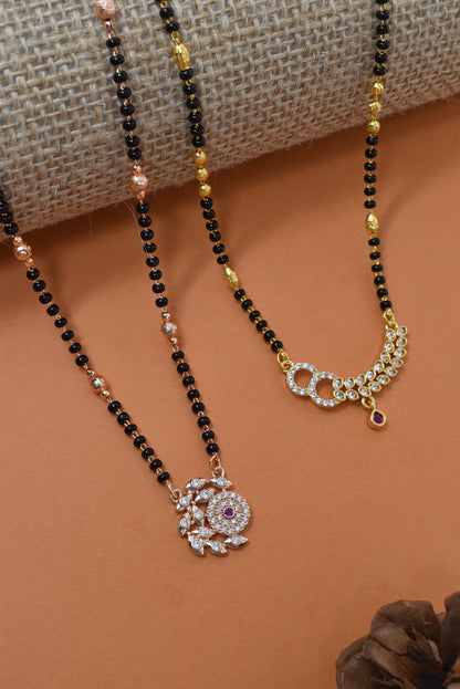 Meira Jewellery Traditional Black Bead Combo Mangalsutra Necklace for Women, Gold & Rose Gold Plated CZ Stone Stylish Mangalsutra Pendant Chain for Daily & Festive Ethnic Set of 2 Tanmaniya-03