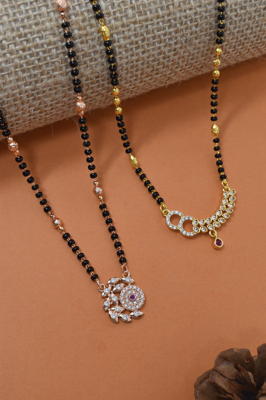 Meira Jewellery Traditional Black Bead Combo Mangalsutra Necklace for Women, Gold & Rose Gold Plated CZ Stone Stylish Mangalsutra Pendant Chain for Daily & Festive Ethnic Set of 2 Tanmaniya-03