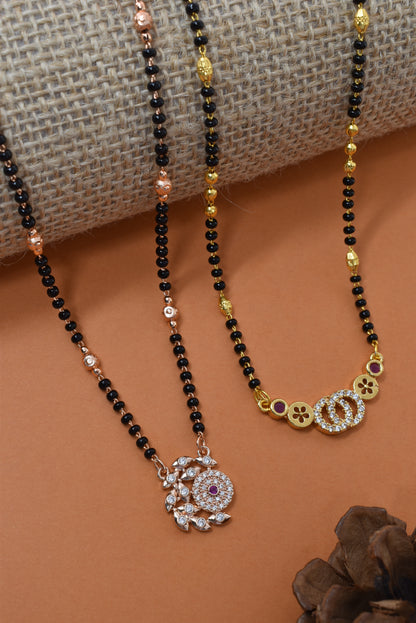 Meira Jewellery Traditional Black Bead Combo Mangalsutra Necklace for Women, Gold & Rose Gold Plated CZ Stone Stylish Mangalsutra Pendant Chain for Daily & Festive Ethnic Set of 2 Tanmaniya-04