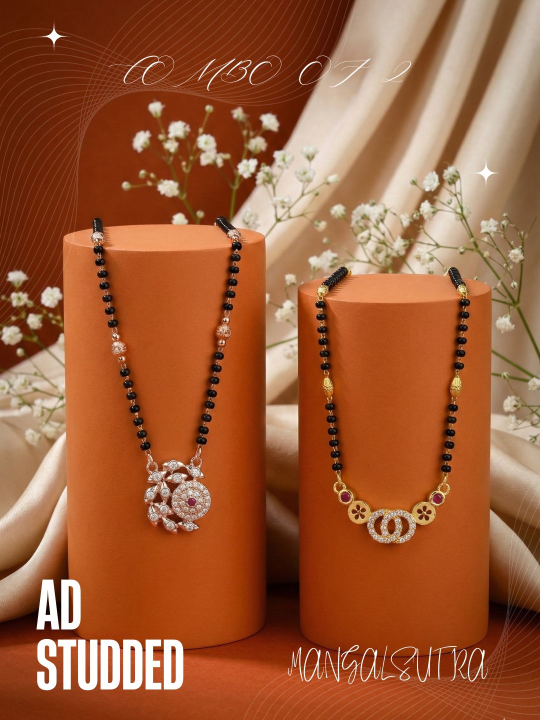 Meira Jewellery Traditional Black Bead Combo Mangalsutra Necklace for Women, Gold & Rose Gold Plated CZ Stone Stylish Mangalsutra Pendant Chain for Daily & Festive Ethnic Set of 2 Tanmaniya-04