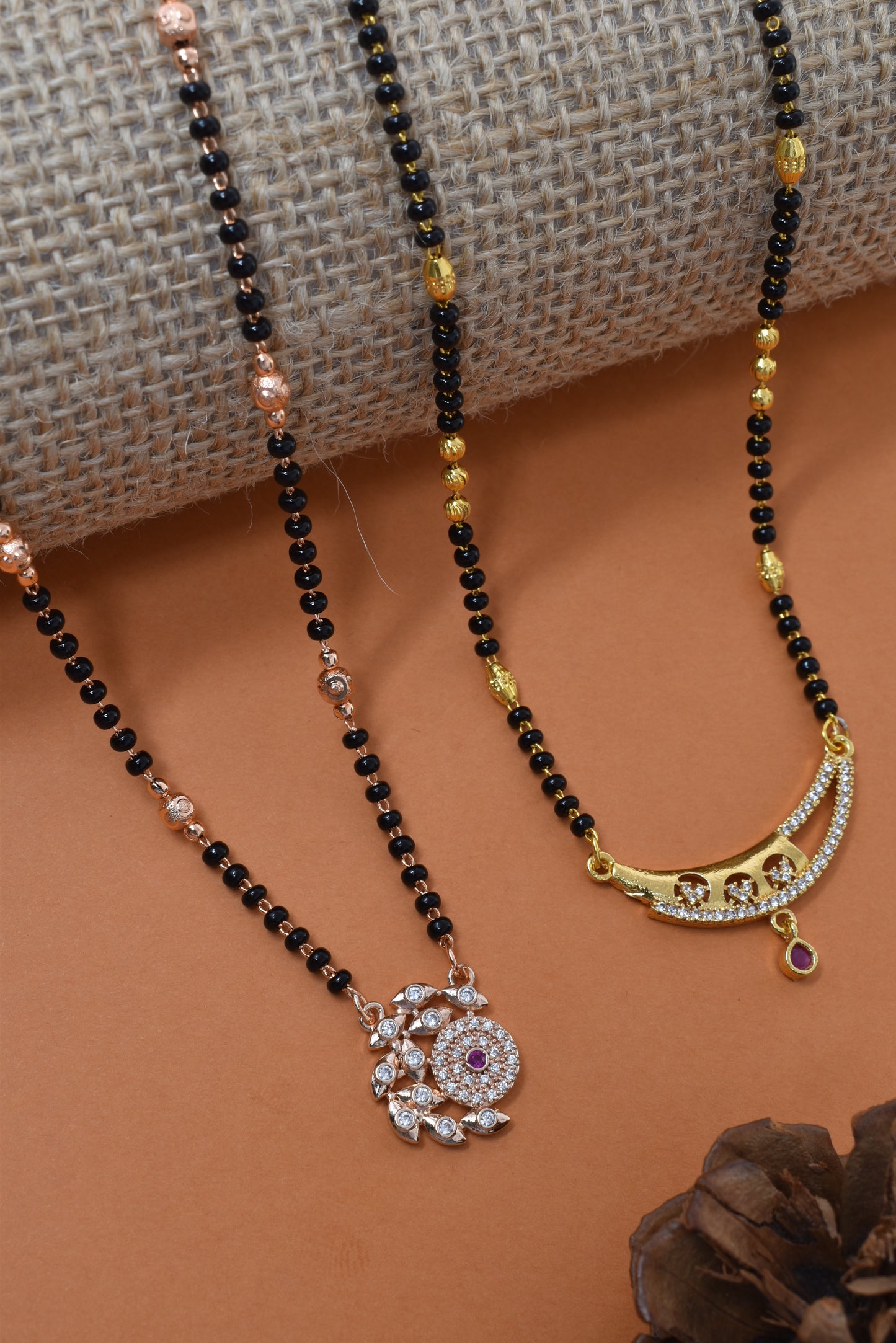Meira Jewellery Traditional Black Bead Combo Mangalsutra Necklace for Women, Gold & Rose Gold Plated CZ Stone Stylish Mangalsutra Pendant Chain for Daily & Festive Ethnic Set of 2 Tanmaniya-05