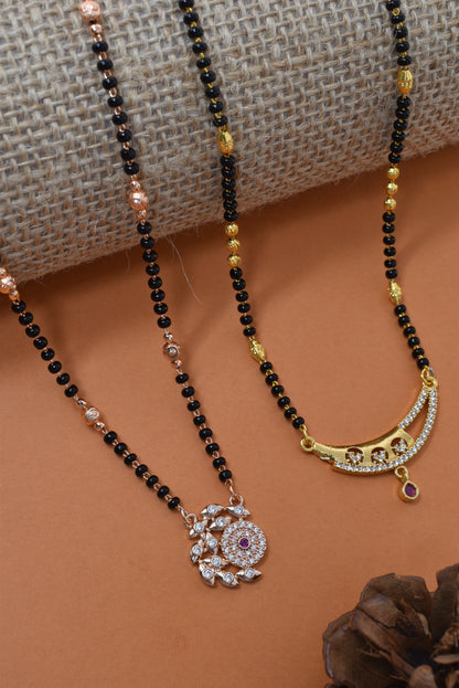 Meira Jewellery Traditional Black Bead Combo Mangalsutra Necklace for Women, Gold & Rose Gold Plated CZ Stone Stylish Mangalsutra Pendant Chain for Daily & Festive Ethnic Set of 2 Tanmaniya-05