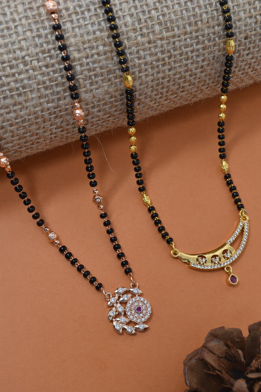 Meira Jewellery Traditional Black Bead Combo Mangalsutra Necklace for Women, Gold & Rose Gold Plated CZ Stone Stylish Mangalsutra Pendant Chain for Daily & Festive Ethnic Set of 2 Tanmaniya-05
