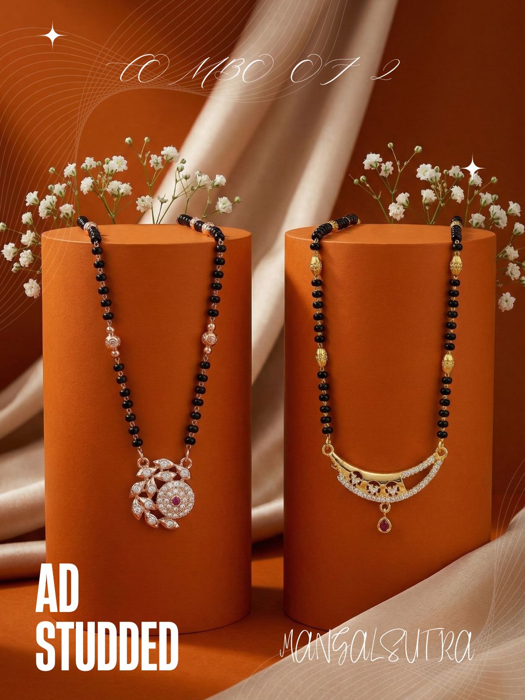 Meira Jewellery Traditional Black Bead Combo Mangalsutra Necklace for Women, Gold & Rose Gold Plated CZ Stone Stylish Mangalsutra Pendant Chain for Daily & Festive Ethnic Set of 2 Tanmaniya-05