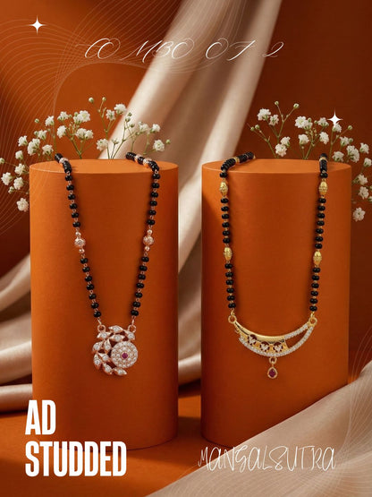 Meira Jewellery Traditional Black Bead Combo Mangalsutra Necklace for Women, Gold & Rose Gold Plated CZ Stone Stylish Mangalsutra Pendant Chain for Daily & Festive Ethnic Set of 2 Tanmaniya-05