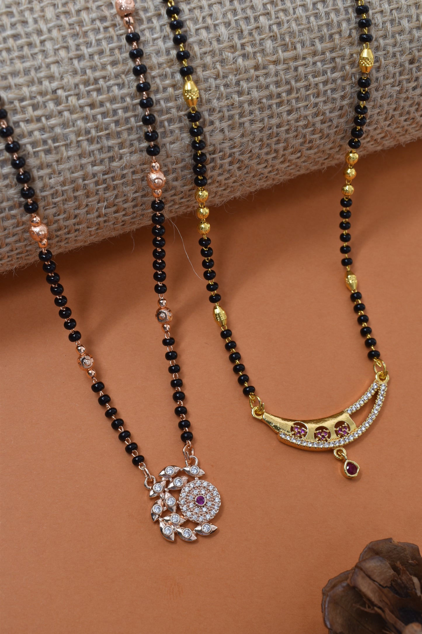 Meira Jewellery Traditional Black Bead Combo Mangalsutra Necklace for Women, Gold & Rose Gold Plated CZ Stone Stylish Mangalsutra Pendant Chain for Daily & Festive Ethnic Set of 2 Tanmaniya-06