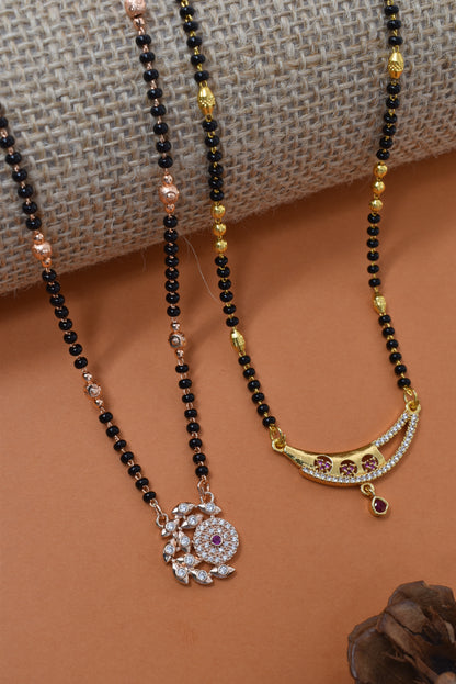 Meira Jewellery Traditional Black Bead Combo Mangalsutra Necklace for Women, Gold & Rose Gold Plated CZ Stone Stylish Mangalsutra Pendant Chain for Daily & Festive Ethnic Set of 2 Tanmaniya-06