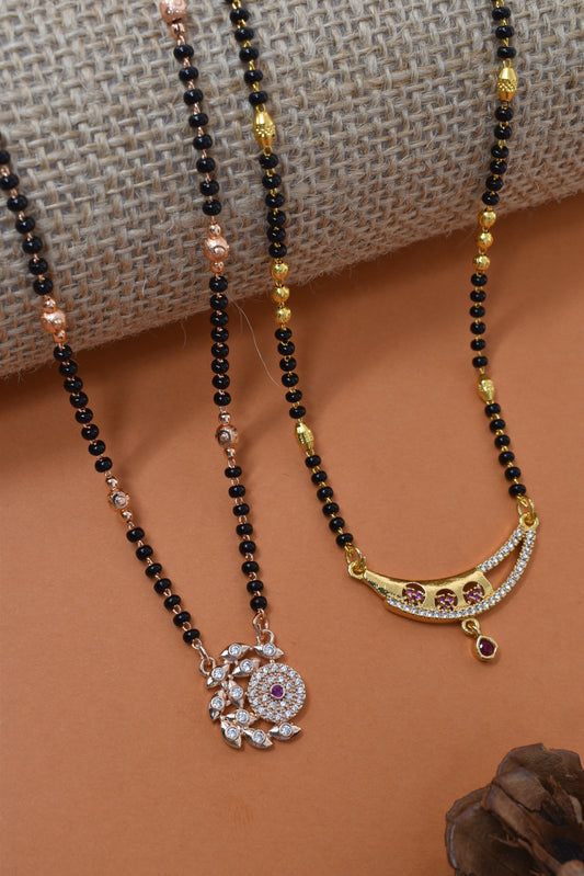 Meira Jewellery Traditional Black Bead Combo Mangalsutra Necklace for Women, Gold & Rose Gold Plated CZ Stone Stylish Mangalsutra Pendant Chain for Daily & Festive Ethnic Set of 2 Tanmaniya-06