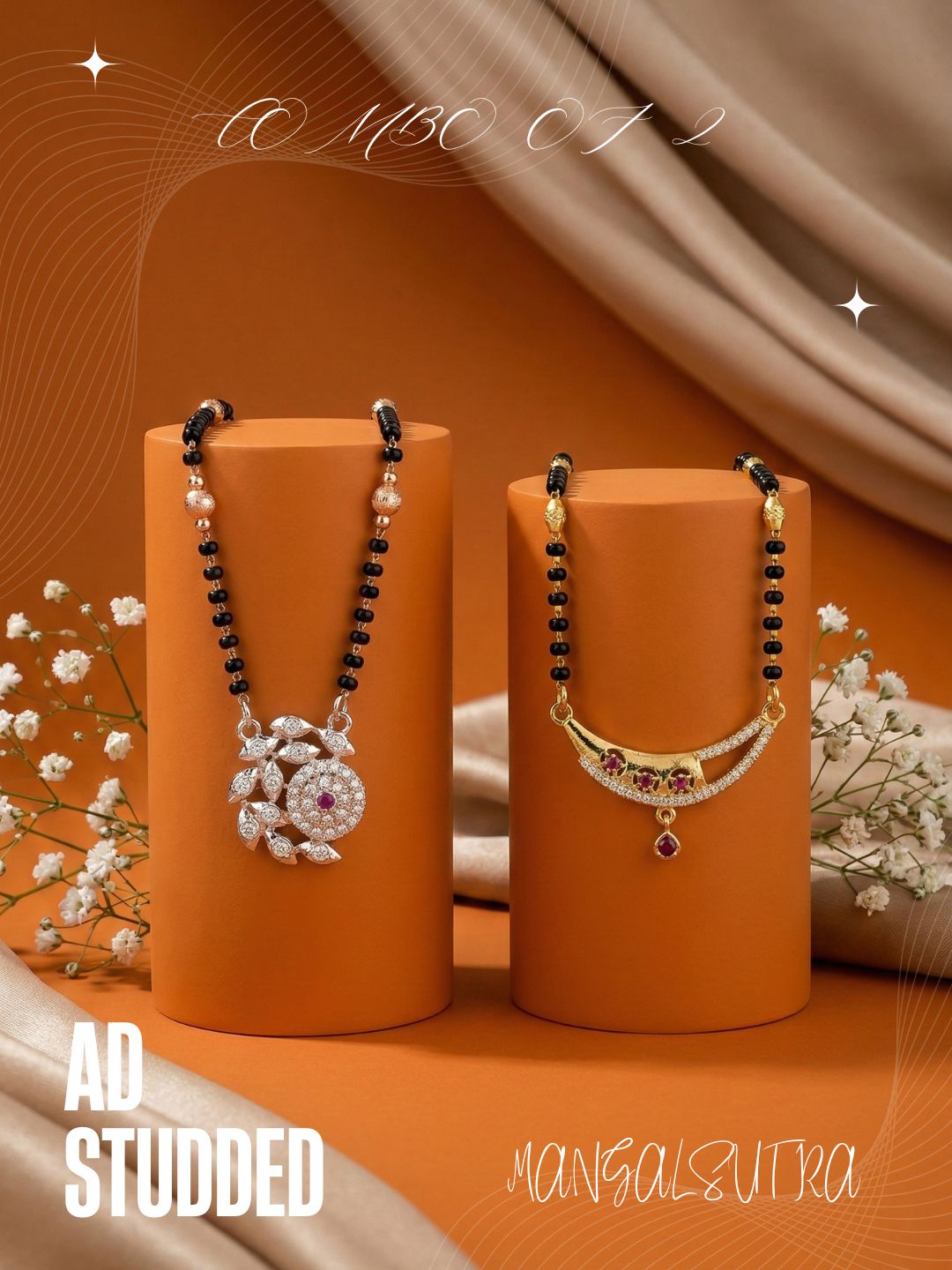 Meira Jewellery Traditional Black Bead Combo Mangalsutra Necklace for Women, Gold & Rose Gold Plated CZ Stone Stylish Mangalsutra Pendant Chain for Daily & Festive Ethnic Set of 2 Tanmaniya-06