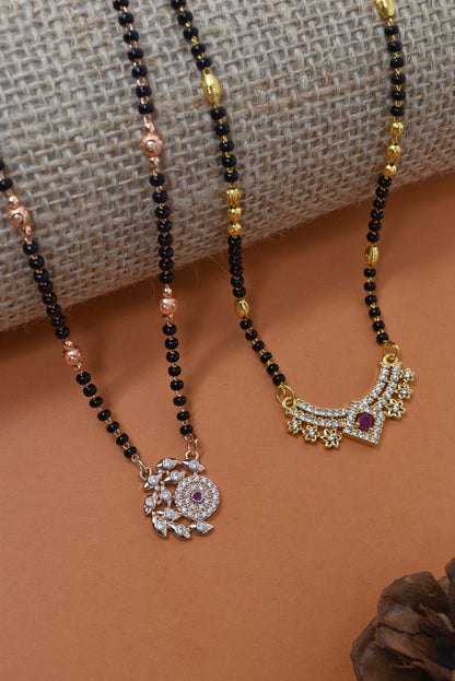 Meira Jewellery Traditional Black Bead Combo Mangalsutra Necklace for Women, Gold & Rose Gold Plated CZ Stone Stylish Mangalsutra Pendant Chain for Daily & Festive Ethnic Set of 2 Tanmaniya-07