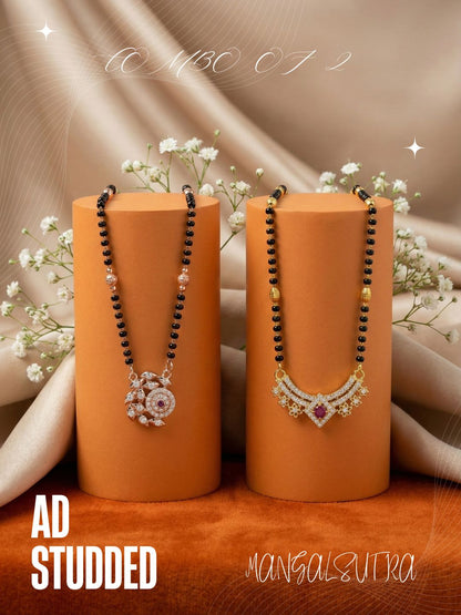 Meira Jewellery Traditional Black Bead Combo Mangalsutra Necklace for Women, Gold & Rose Gold Plated CZ Stone Stylish Mangalsutra Pendant Chain for Daily & Festive Ethnic Set of 2 Tanmaniya-07