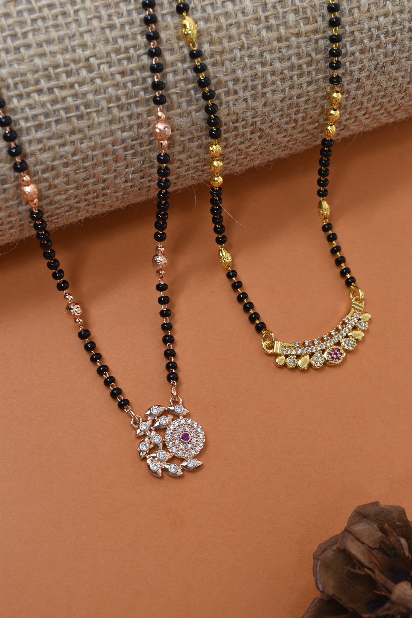 Meira Jewellery Traditional Black Bead Combo Mangalsutra Necklace for Women, Gold & Rose Gold Plated CZ Stone Stylish Mangalsutra Pendant Chain for Daily & Festive Ethnic Set of 2 Tanmaniya-08