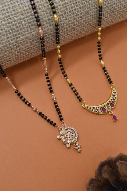 Meira Jewellery Traditional Black Bead Combo Mangalsutra Necklace for Women, Gold & Rose Gold Plated CZ Stone Stylish Mangalsutra Pendant Chain for Daily & Festive Ethnic Set of 2 Tanmaniya-09