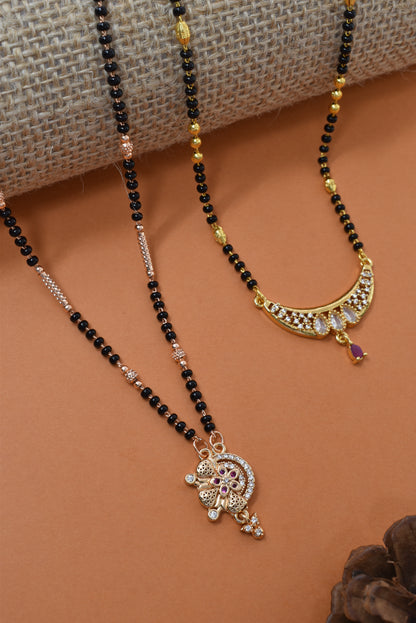Meira Jewellery Traditional Black Bead Combo Mangalsutra Necklace for Women, Gold & Rose Gold Plated CZ Stone Stylish Mangalsutra Pendant Chain for Daily & Festive Ethnic Set of 2 Tanmaniya-10