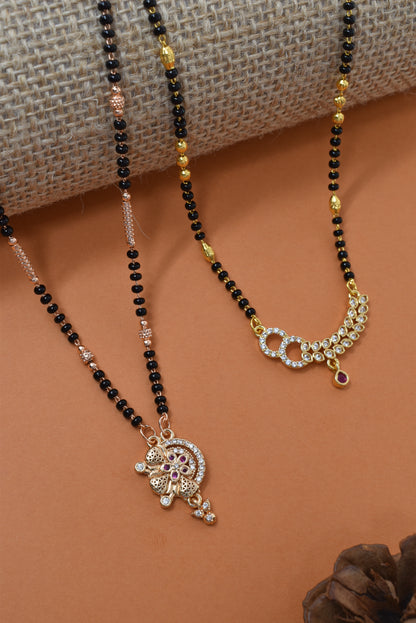 Meira Jewellery Traditional Black Bead Combo Mangalsutra Necklace for Women, Gold & Rose Gold Plated CZ Stone Stylish Mangalsutra Pendant Chain for Daily & Festive Ethnic Set of 2 Tanmaniya-11