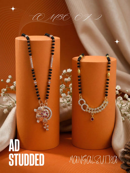 Meira Jewellery Traditional Black Bead Combo Mangalsutra Necklace for Women, Gold & Rose Gold Plated CZ Stone Stylish Mangalsutra Pendant Chain for Daily & Festive Ethnic Set of 2 Tanmaniya-11