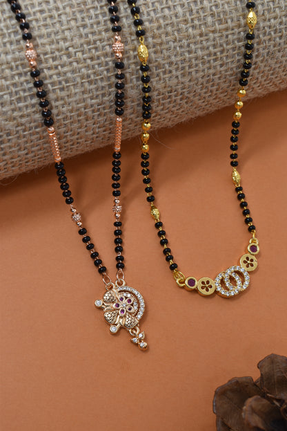 Meira Jewellery Traditional Black Bead Combo Mangalsutra Necklace for Women, Gold & Rose Gold Plated CZ Stone Stylish Mangalsutra Pendant Chain for Daily & Festive Ethnic Set of 2 Tanmaniya-12