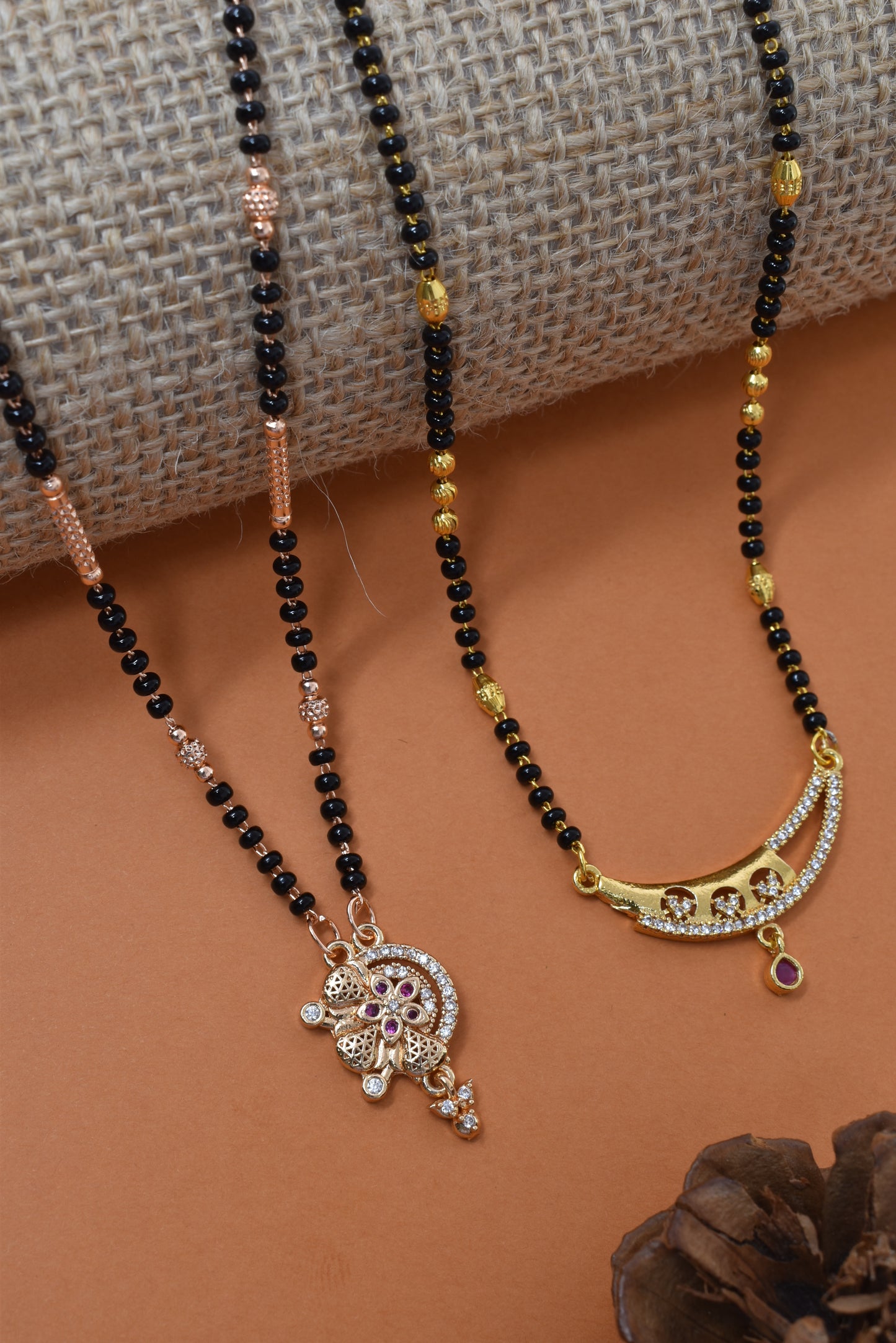 Meira Jewellery Traditional Black Bead Combo Mangalsutra Necklace for Women, Gold & Rose Gold Plated CZ Stone Stylish Mangalsutra Pendant Chain for Daily & Festive Ethnic Set of 2 Tanmaniya-13