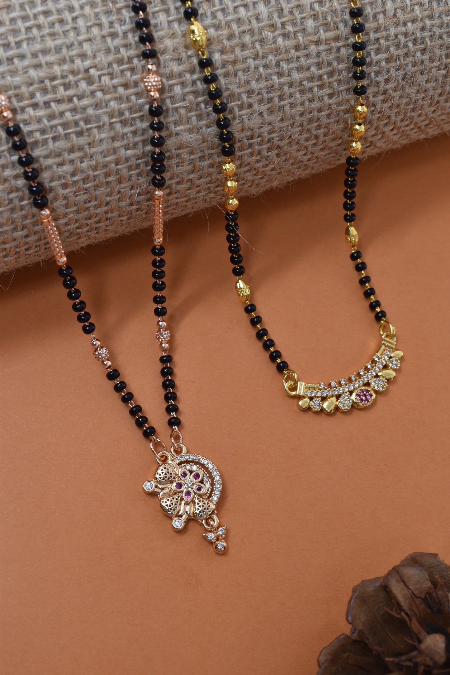 Meira Jewellery Traditional Black Bead Combo Mangalsutra Necklace for Women, Gold & Rose Gold Plated CZ Stone Stylish Mangalsutra Pendant Chain for Daily & Festive Ethnic Set of 2 Tanmaniya-16