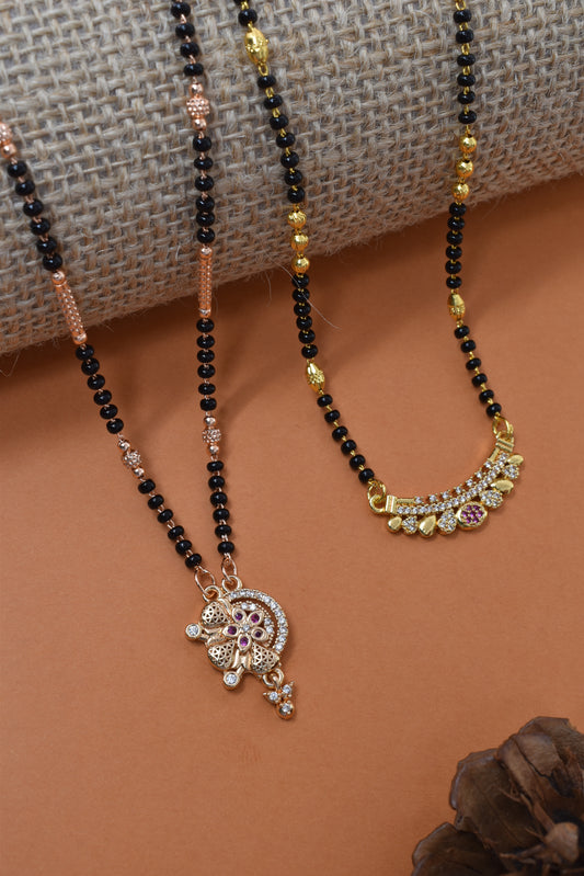 Meira Jewellery Traditional Black Bead Combo Mangalsutra Necklace for Women, Gold & Rose Gold Plated CZ Stone Stylish Mangalsutra Pendant Chain for Daily & Festive Ethnic Set of 2 Tanmaniya-16