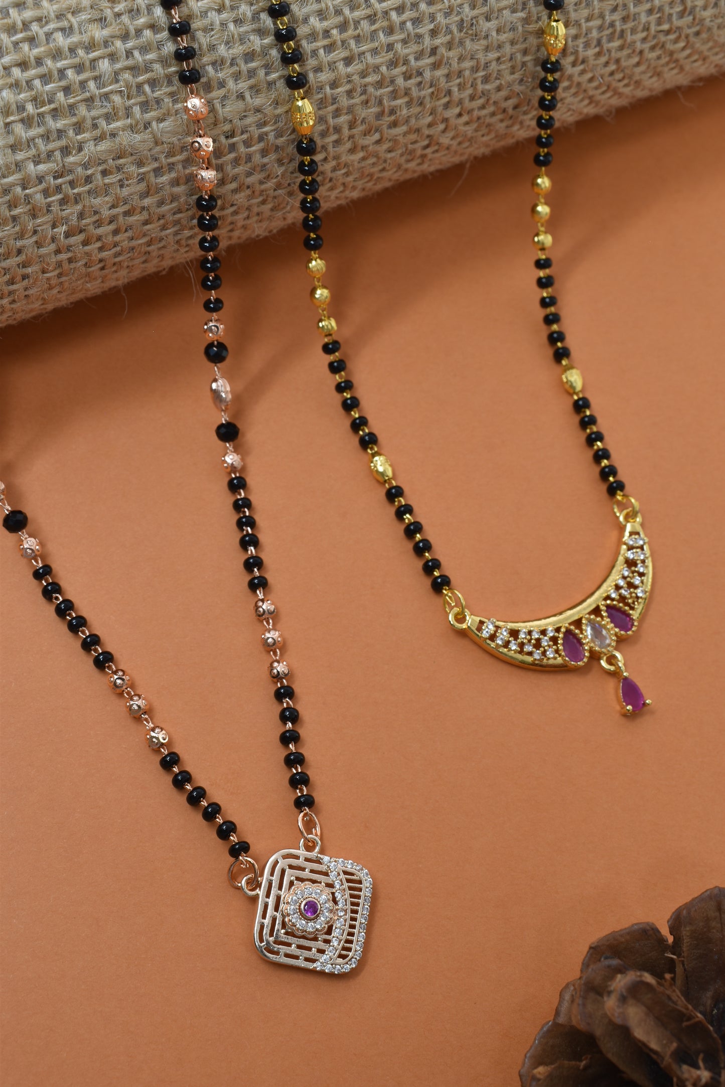 Meira Jewellery Traditional Black Bead Combo Mangalsutra Necklace for Women, Gold & Rose Gold Plated CZ Stone Stylish Mangalsutra Pendant Chain for Daily & Festive Ethnic Set of 2 Tanmaniya-17