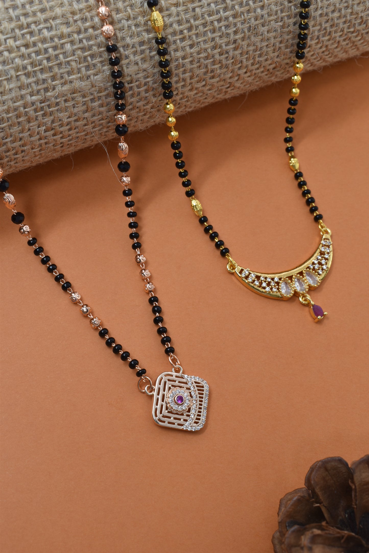 Meira Jewellery Traditional Black Bead Combo Mangalsutra Necklace for Women, Gold & Rose Gold Plated CZ Stone Stylish Mangalsutra Pendant Chain for Daily & Festive Ethnic Set of 2 Tanmaniya-18