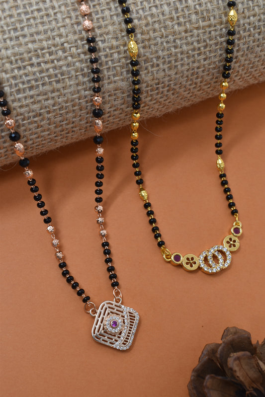 Meira Jewellery Traditional Black Bead Combo Mangalsutra Necklace for Women, Gold & Rose Gold Plated CZ Stone Stylish Mangalsutra Pendant Chain for Daily & Festive Ethnic Set of 2 Tanmaniya-20