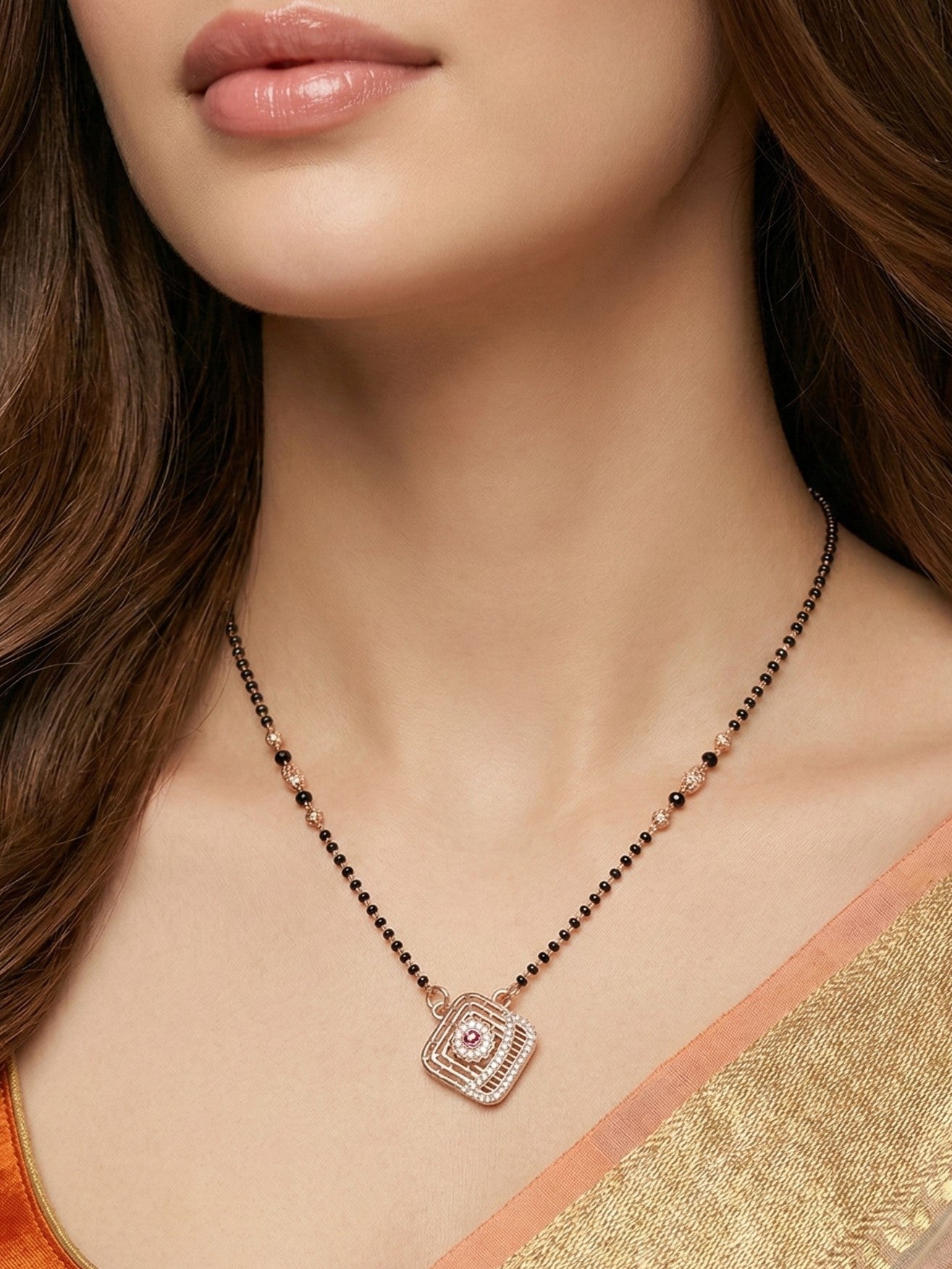 Meira Jewellery Traditional Black Bead Combo Mangalsutra Necklace for Women, Gold & Rose Gold Plated CZ Stone Stylish Mangalsutra Pendant Chain for Daily & Festive Ethnic Set of 2 Tanmaniya-20