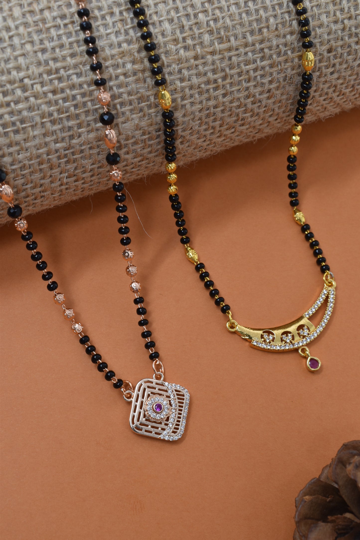Meira Jewellery Traditional Black Bead Combo Mangalsutra Necklace for Women, Gold & Rose Gold Plated CZ Stone Stylish Mangalsutra Pendant Chain for Daily & Festive Ethnic Set of 2 Tanmaniya-21