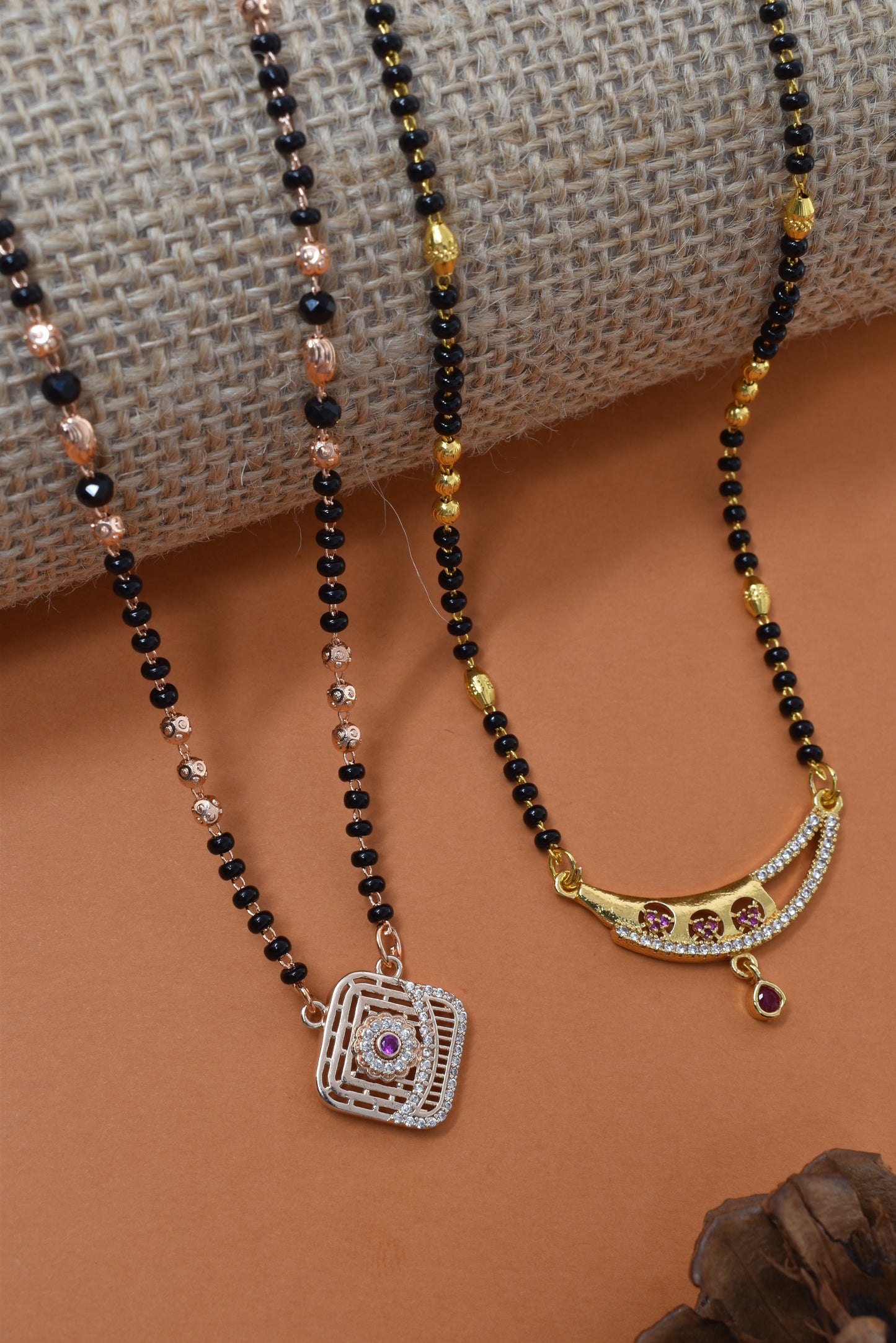 Meira Jewellery Traditional Black Bead Combo Mangalsutra Necklace for Women, Gold & Rose Gold Plated CZ Stone Stylish Mangalsutra Pendant Chain for Daily & Festive Ethnic Set of 2 Tanmaniya-22