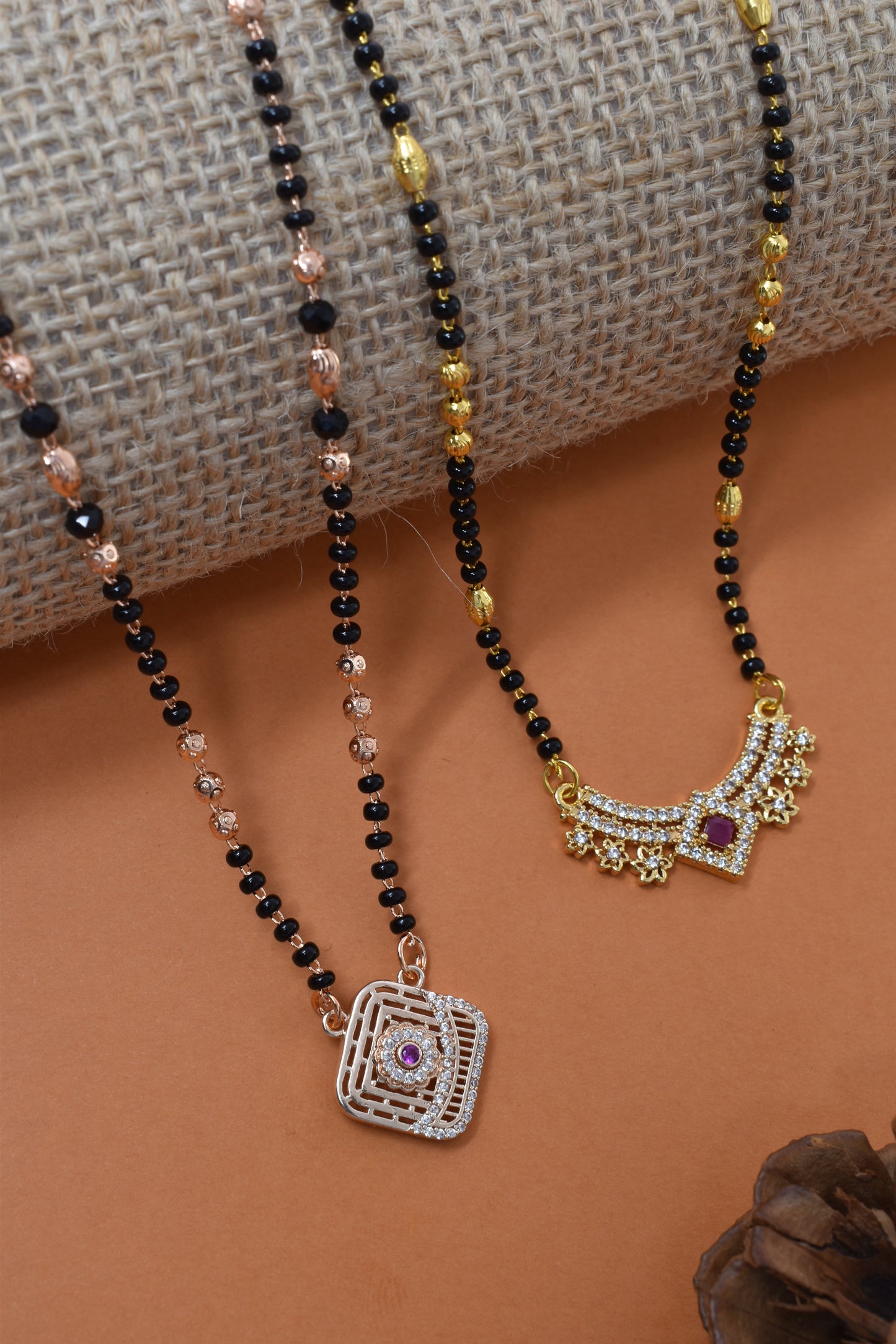 Meira Jewellery Traditional Black Bead Combo Mangalsutra Necklace for Women, Gold & Rose Gold Plated CZ Stone Stylish Mangalsutra Pendant Chain for Daily & Festive Ethnic Set of 2 Tanmaniya-23