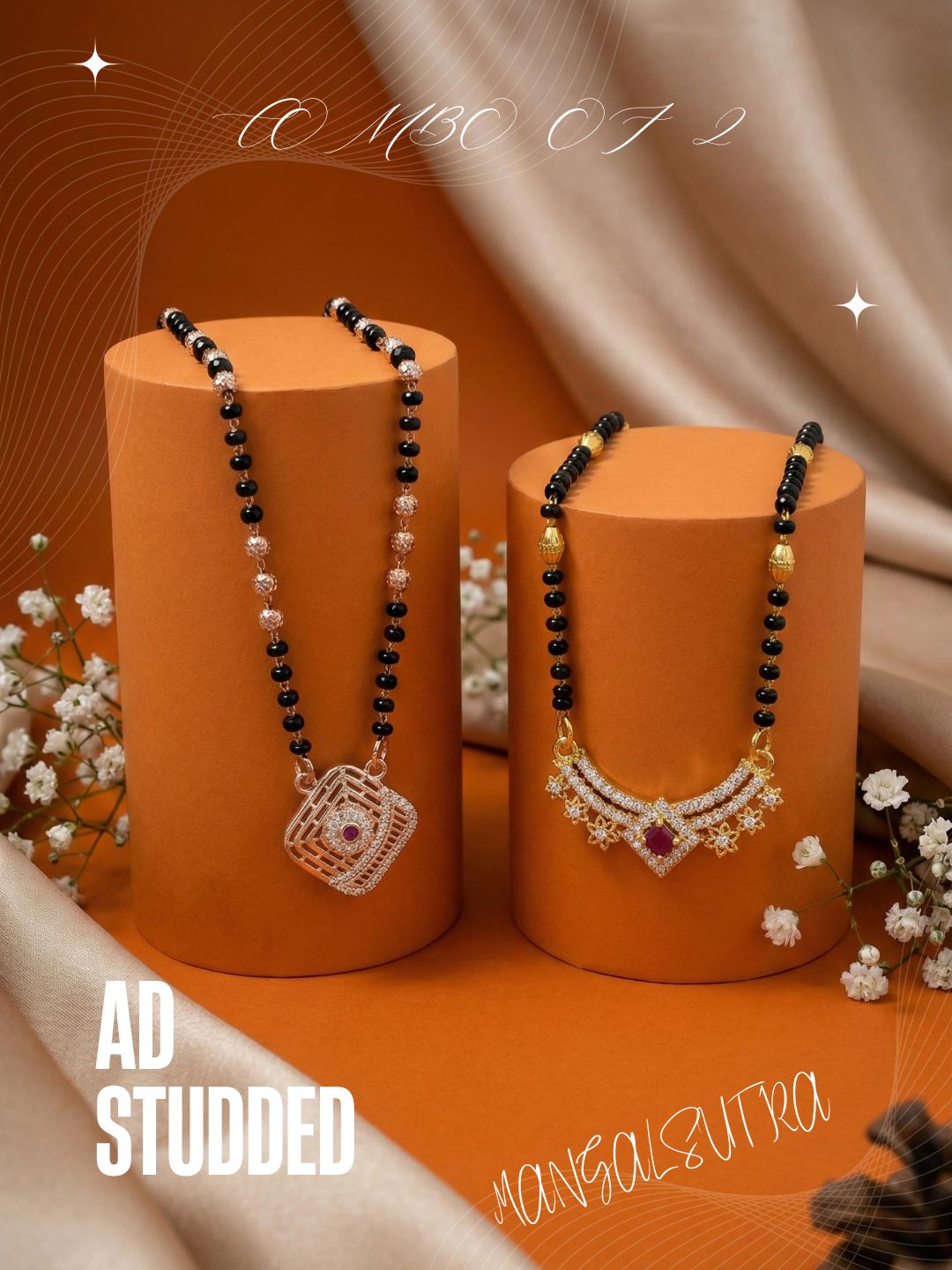 Meira Jewellery Traditional Black Bead Combo Mangalsutra Necklace for Women, Gold & Rose Gold Plated CZ Stone Stylish Mangalsutra Pendant Chain for Daily & Festive Ethnic Set of 2 Tanmaniya-23