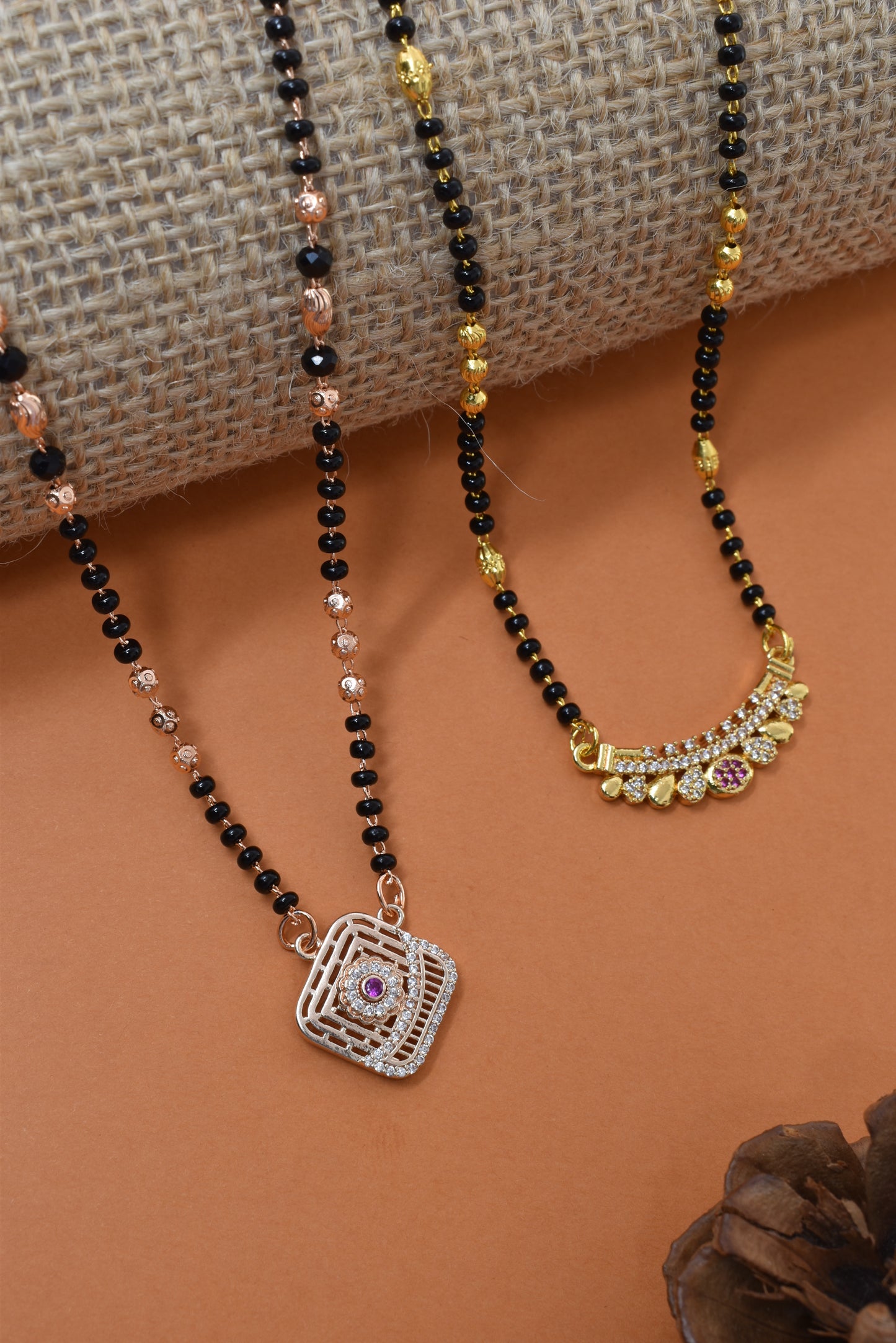 Meira Jewellery Traditional Black Bead Combo Mangalsutra Necklace for Women, Gold & Rose Gold Plated CZ Stone Stylish Mangalsutra Pendant Chain for Daily & Festive Ethnic Set of 2 Tanmaniya-24