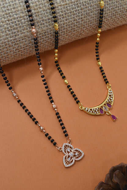Meira Jewellery Traditional Black Bead Combo Mangalsutra Necklace for Women, Gold & Rose Gold Plated CZ Stone Stylish Mangalsutra Pendant Chain for Daily & Festive Ethnic Set of 2 Tanmaniya-25