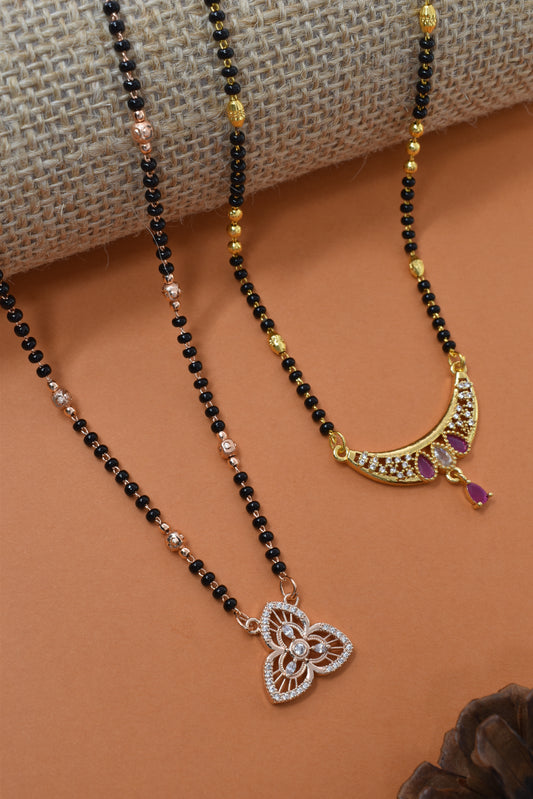 Meira Jewellery Traditional Black Bead Combo Mangalsutra Necklace for Women, Gold & Rose Gold Plated CZ Stone Stylish Mangalsutra Pendant Chain for Daily & Festive Ethnic Set of 2 Tanmaniya-25