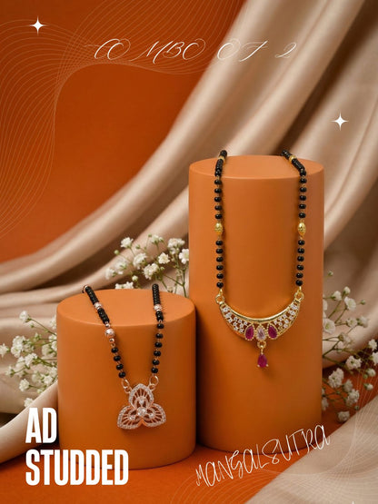 Meira Jewellery Traditional Black Bead Combo Mangalsutra Necklace for Women, Gold & Rose Gold Plated CZ Stone Stylish Mangalsutra Pendant Chain for Daily & Festive Ethnic Set of 2 Tanmaniya-25