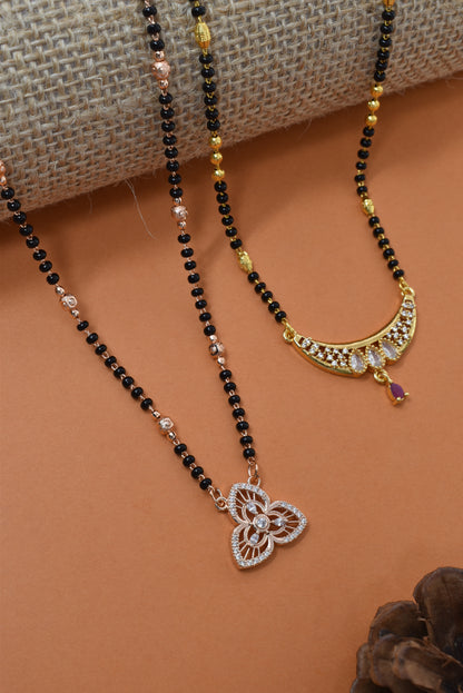 Meira Jewellery Traditional Black Bead Combo Mangalsutra Necklace for Women, Gold & Rose Gold Plated CZ Stone Stylish Mangalsutra Pendant Chain for Daily & Festive Ethnic Set of 2 Tanmaniya-26