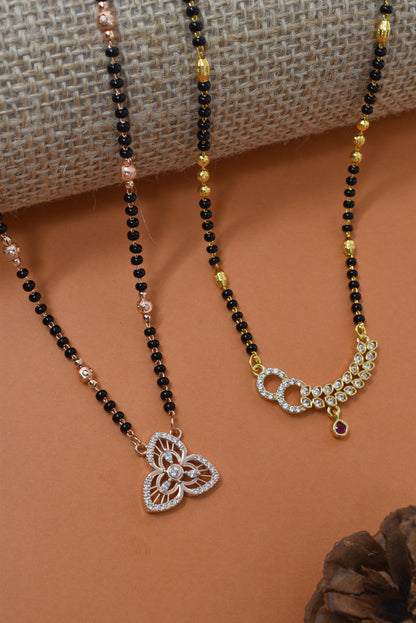 Meira Jewellery Traditional Black Bead Combo Mangalsutra Necklace for Women, Gold & Rose Gold Plated CZ Stone Stylish Mangalsutra Pendant Chain for Daily & Festive Ethnic Set of 2 Tanmaniya-27