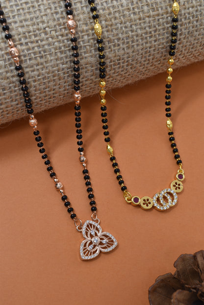 Meira Jewellery Traditional Black Bead Combo Mangalsutra Necklace for Women, Gold & Rose Gold Plated CZ Stone Stylish Mangalsutra Pendant Chain for Daily & Festive Ethnic Set of 2 Tanmaniya-28