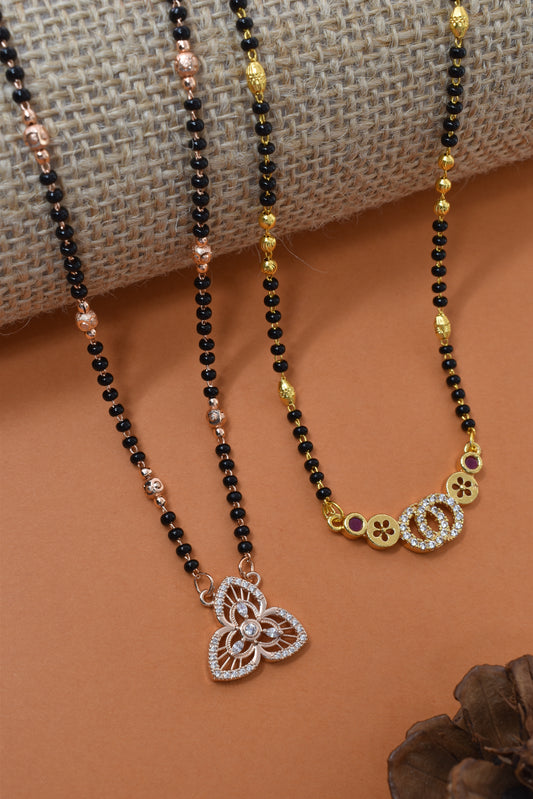 Meira Jewellery Traditional Black Bead Combo Mangalsutra Necklace for Women, Gold & Rose Gold Plated CZ Stone Stylish Mangalsutra Pendant Chain for Daily & Festive Ethnic Set of 2 Tanmaniya-28