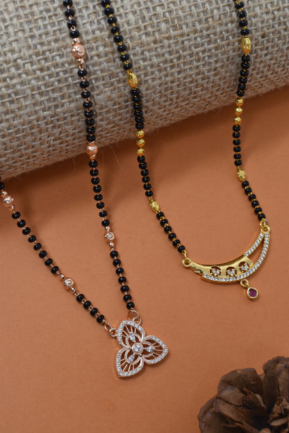 Meira Jewellery Traditional Black Bead Combo Mangalsutra Necklace for Women, Gold & Rose Gold Plated CZ Stone Stylish Mangalsutra Pendant Chain for Daily & Festive Ethnic Set of 2 Tanmaniya-29