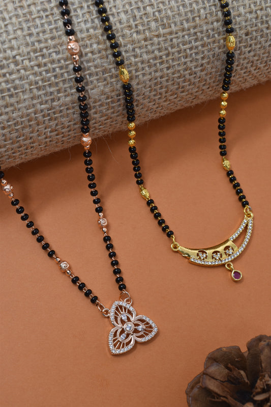 Meira Jewellery Traditional Black Bead Combo Mangalsutra Necklace for Women, Gold & Rose Gold Plated CZ Stone Stylish Mangalsutra Pendant Chain for Daily & Festive Ethnic Set of 2 Tanmaniya-29
