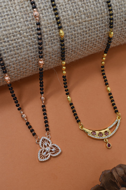 Meira Jewellery Traditional Black Bead Combo Mangalsutra Necklace for Women, Gold & Rose Gold Plated CZ Stone Stylish Mangalsutra Pendant Chain for Daily & Festive Ethnic Set of 2 Tanmaniya-30