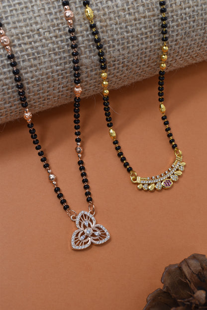 Meira Jewellery Traditional Black Bead Combo Mangalsutra Necklace for Women, Gold & Rose Gold Plated CZ Stone Stylish Mangalsutra Pendant Chain for Daily & Festive Ethnic Set of 2 Tanmaniya-32