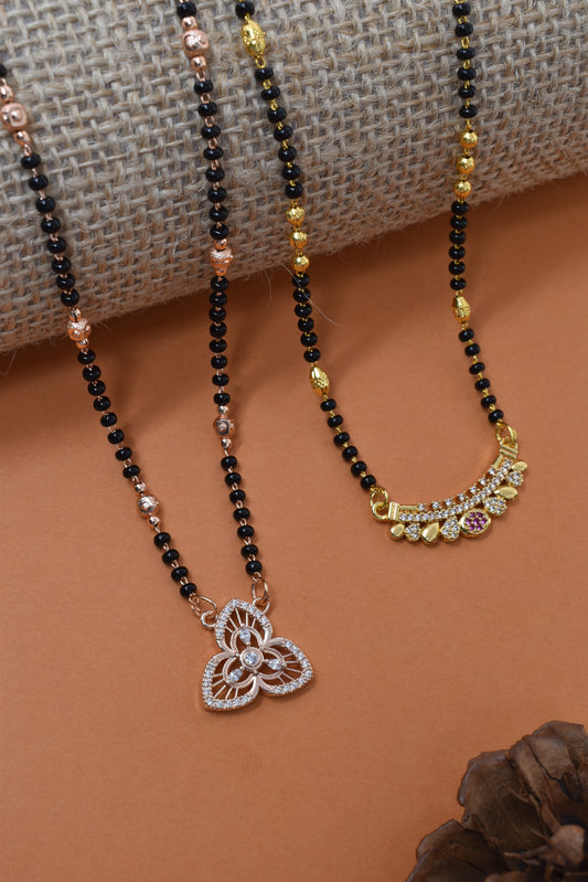 Meira Jewellery Traditional Black Bead Combo Mangalsutra Necklace for Women, Gold & Rose Gold Plated CZ Stone Stylish Mangalsutra Pendant Chain for Daily & Festive Ethnic Set of 2 Tanmaniya-32