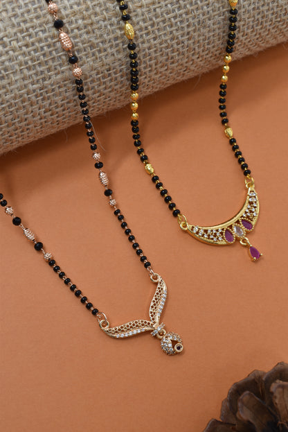 Meira Jewellery Traditional Black Bead Combo Mangalsutra Necklace for Women, Gold & Rose Gold Plated CZ Stone Stylish Mangalsutra Pendant Chain for Daily & Festive Ethnic Set of 2 Tanmaniya-33