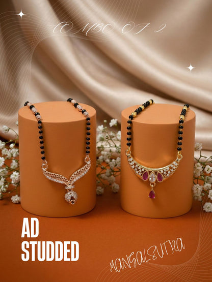 Meira Jewellery Traditional Black Bead Combo Mangalsutra Necklace for Women, Gold & Rose Gold Plated CZ Stone Stylish Mangalsutra Pendant Chain for Daily & Festive Ethnic Set of 2 Tanmaniya-33