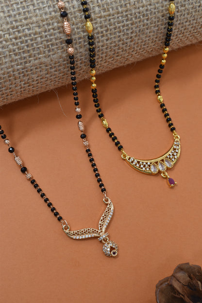 Meira Jewellery Traditional Black Bead Combo Mangalsutra Necklace for Women, Gold & Rose Gold Plated CZ Stone Stylish Mangalsutra Pendant Chain for Daily & Festive Ethnic Set of 2 Tanmaniya-34