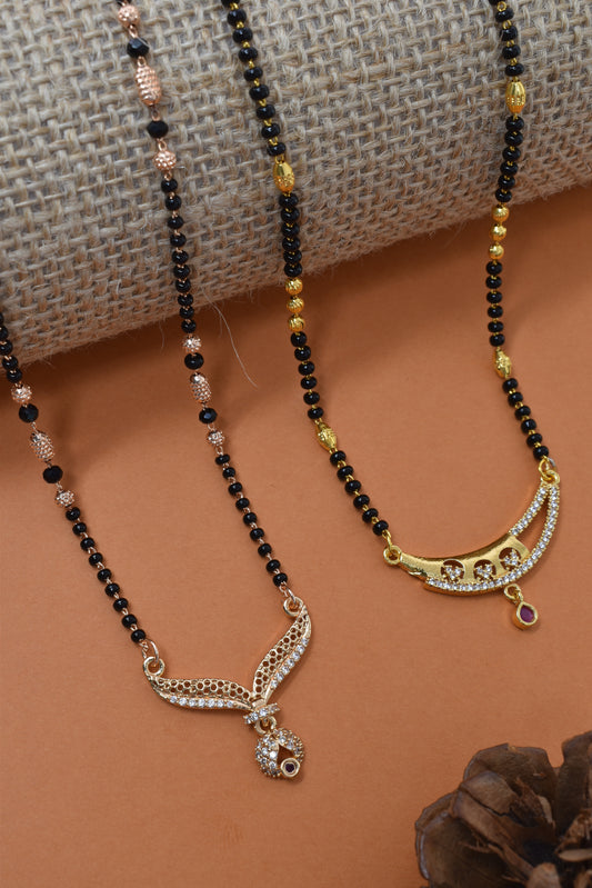 Meira Jewellery Traditional Black Bead Combo Mangalsutra Necklace for Women, Gold & Rose Gold Plated CZ Stone Stylish Mangalsutra Pendant Chain for Daily & Festive Ethnic Set of 2 Tanmaniya-37